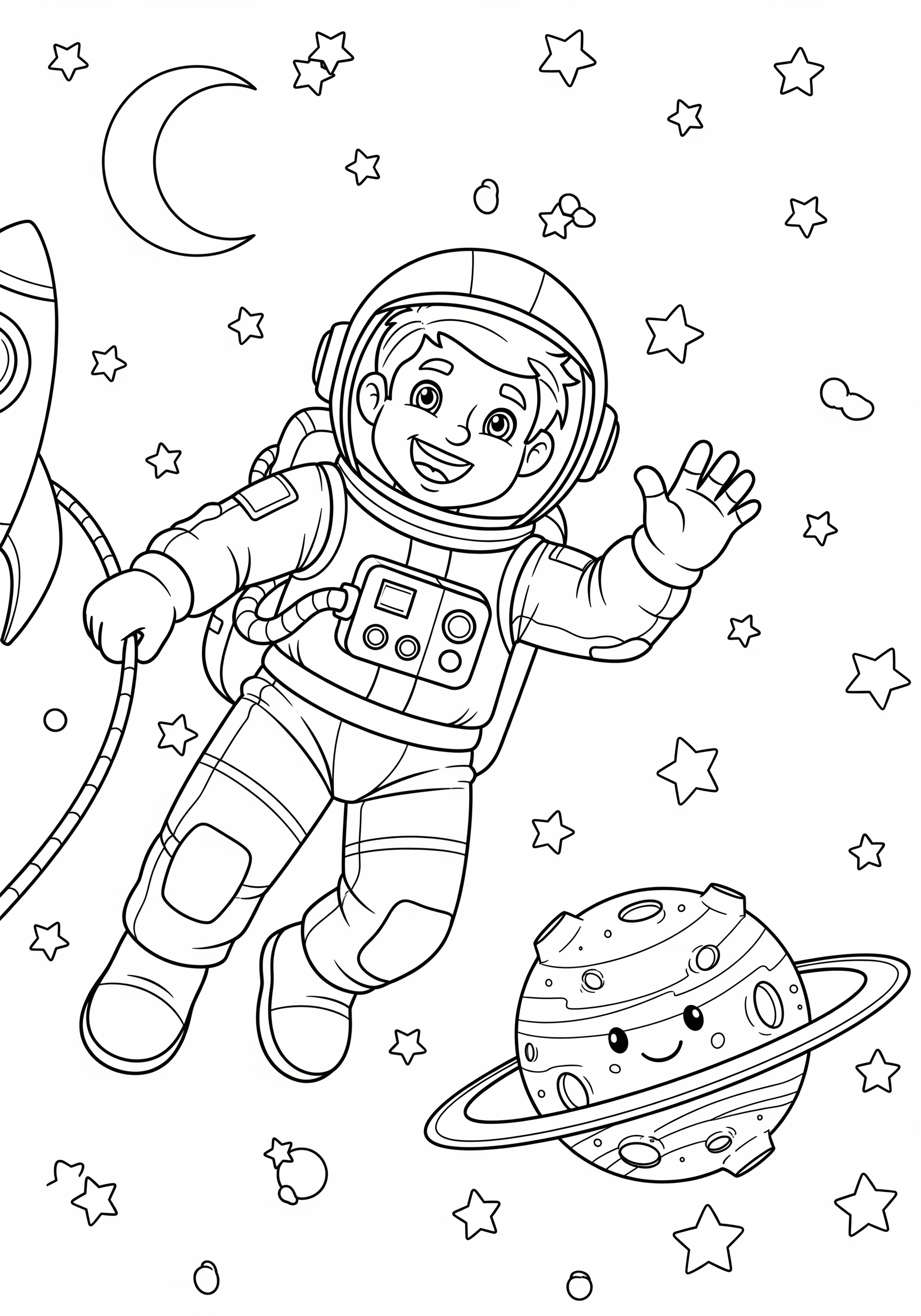 Astronaut waving in space with a planet