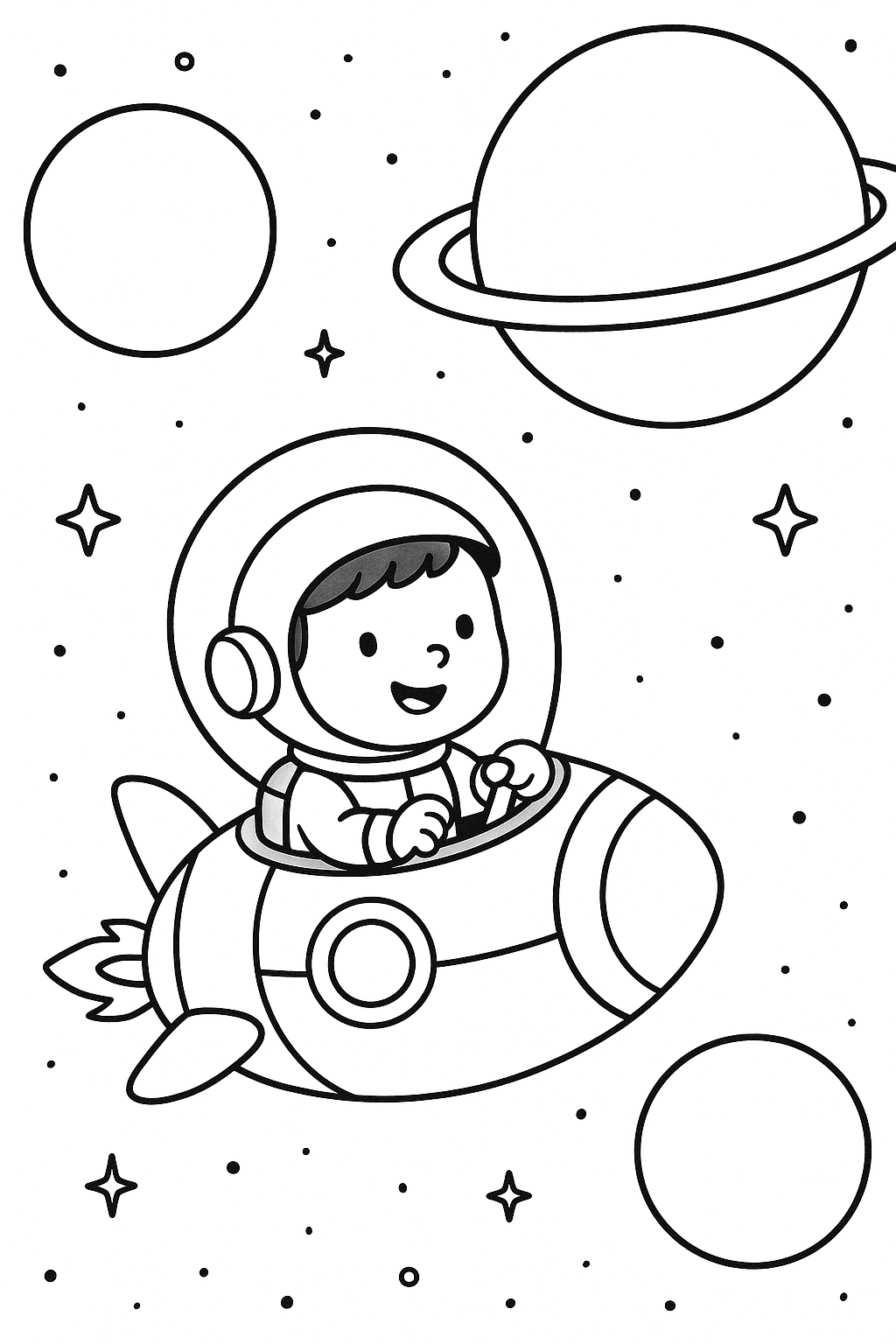 Child in a rocket ship with planets and stars
