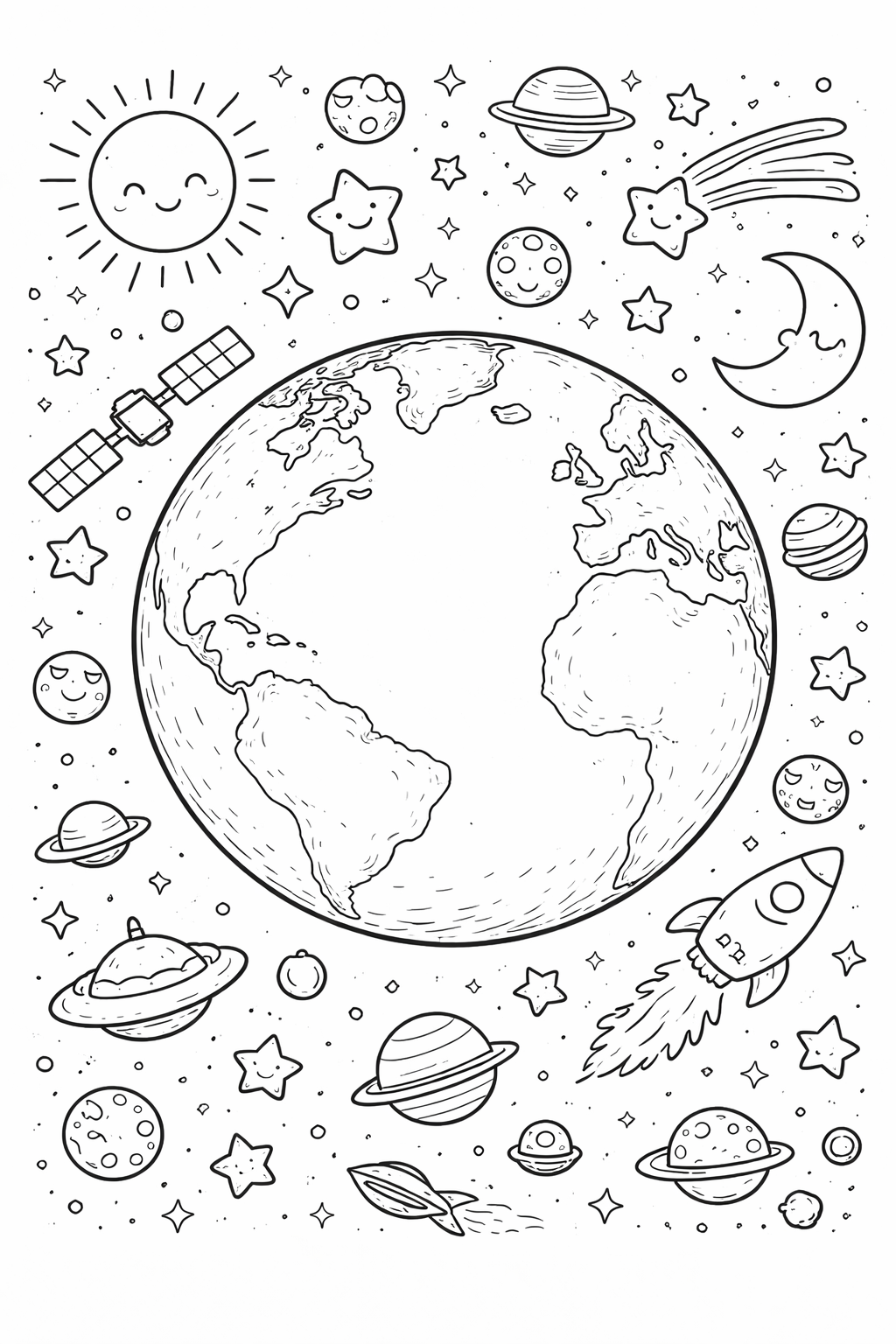 Children's space-themed coloring page with planets and stars