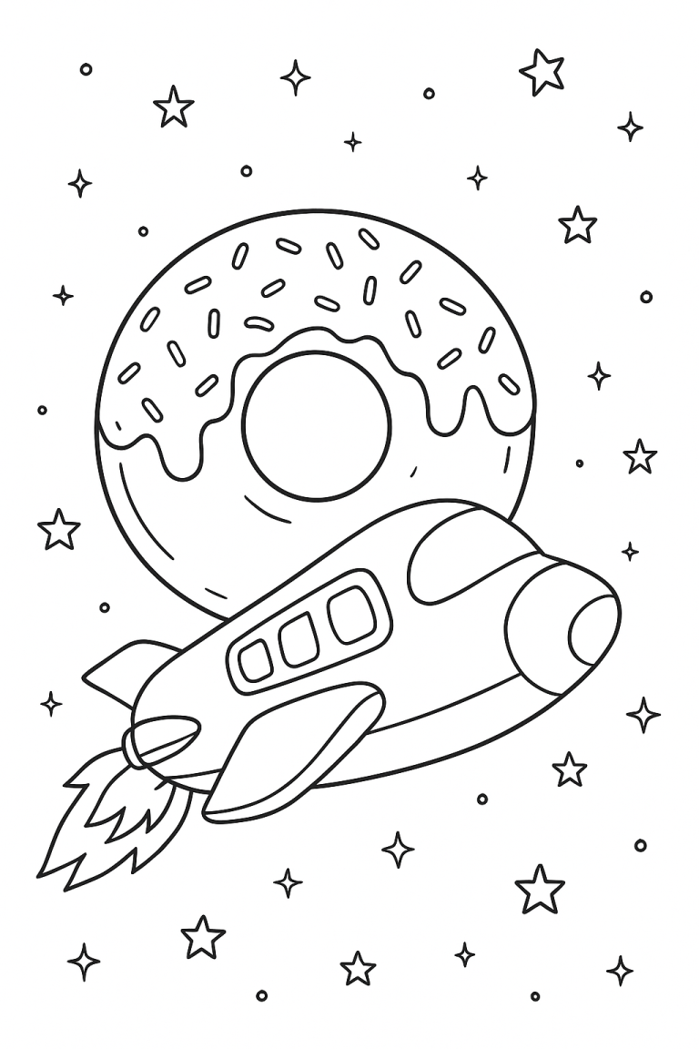 Coloring page with a space-themed donut and rocket