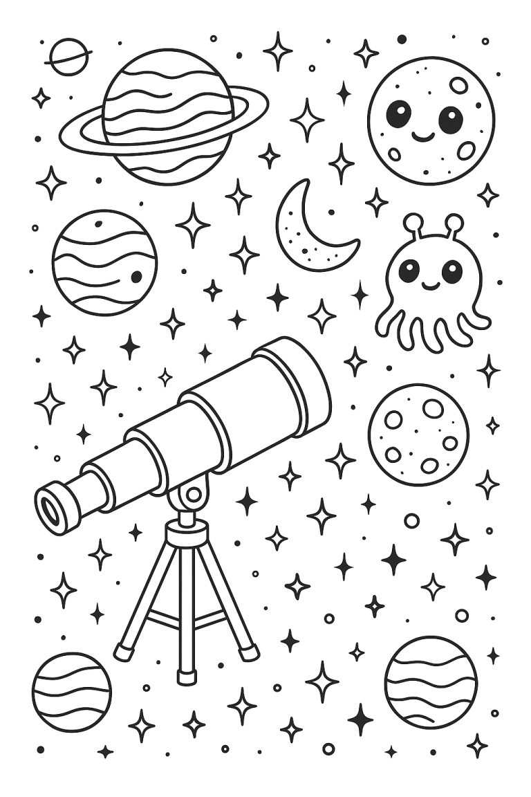 Space coloring page with planets and telescope