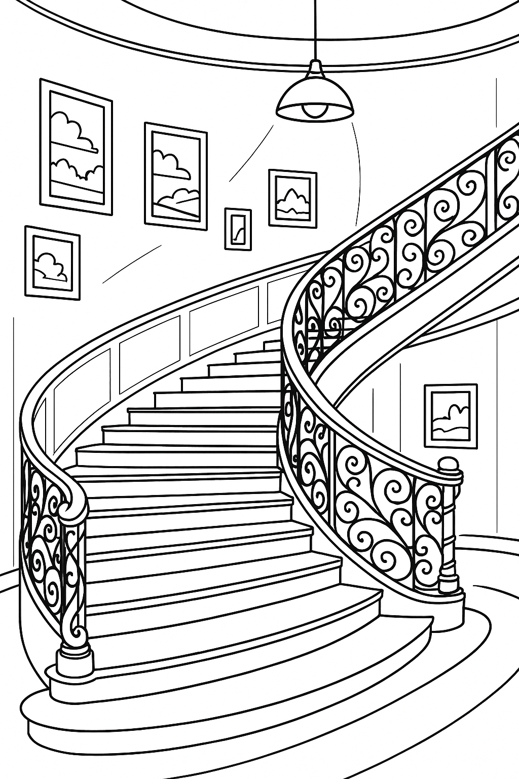 Spiral staircase coloring page with detailed railing.