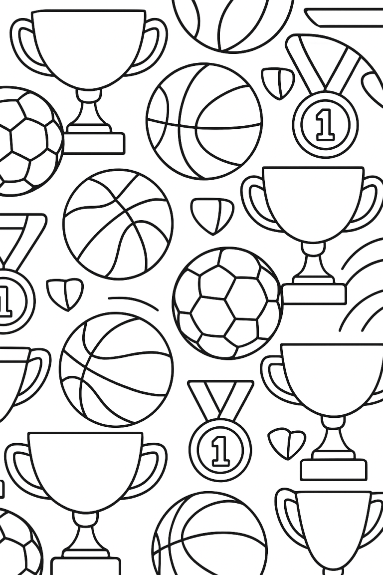 Sports-themed coloring page with trophies and balls
