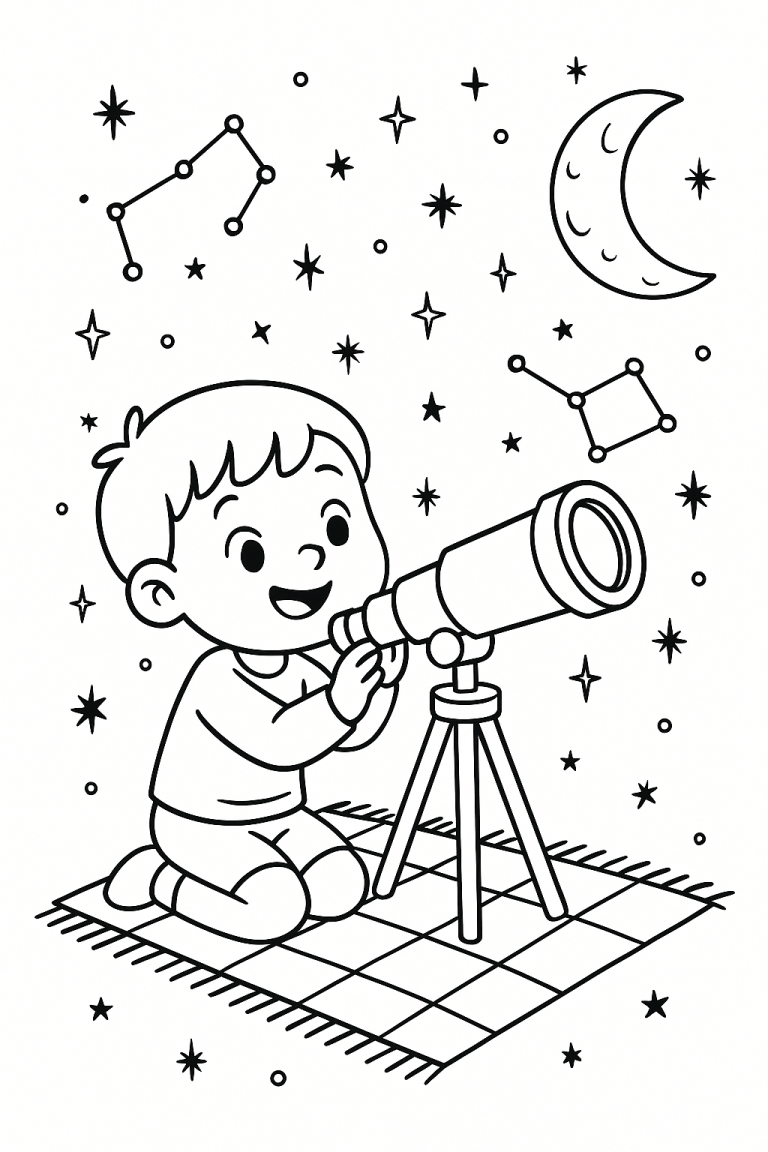 Child stargazing with a telescope under a starry sky