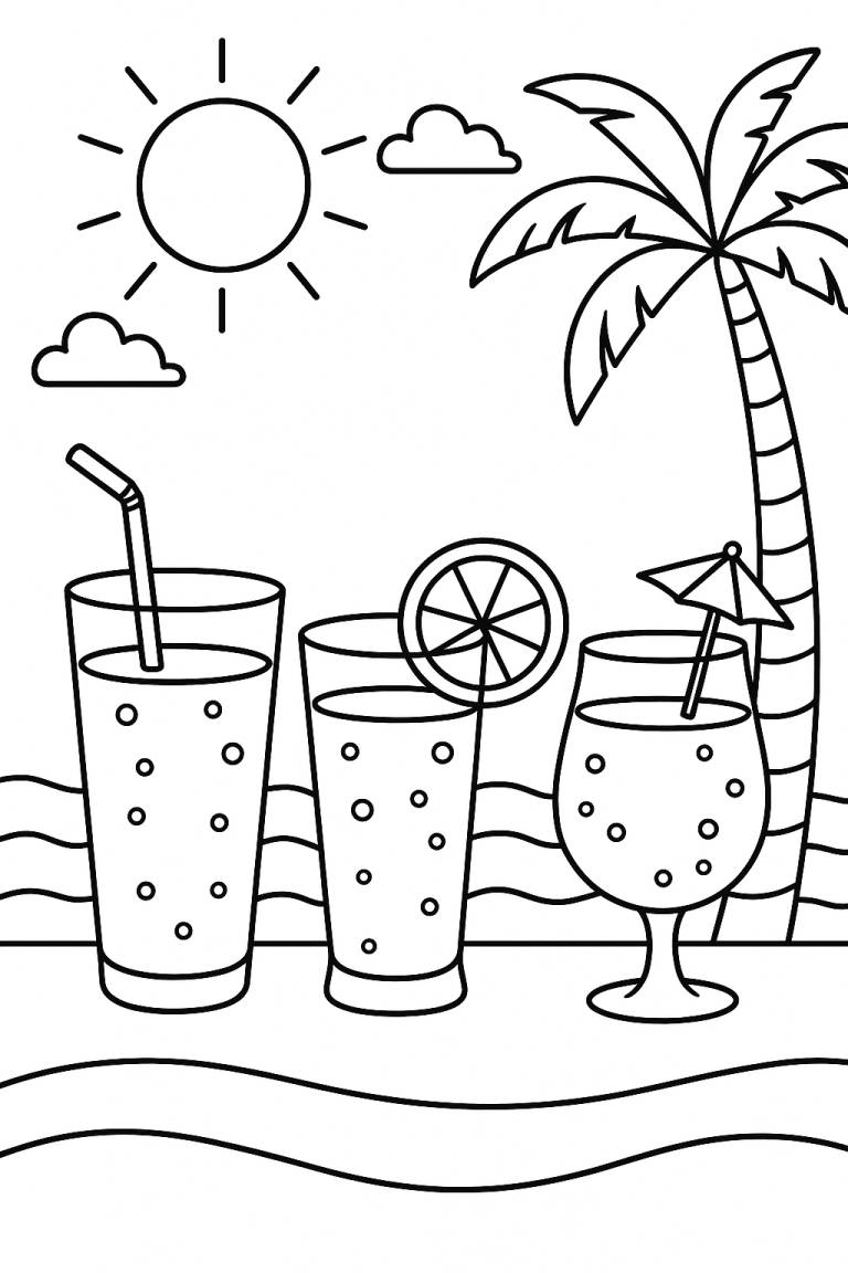 Coloring page depicting tropical drinks by the beach.