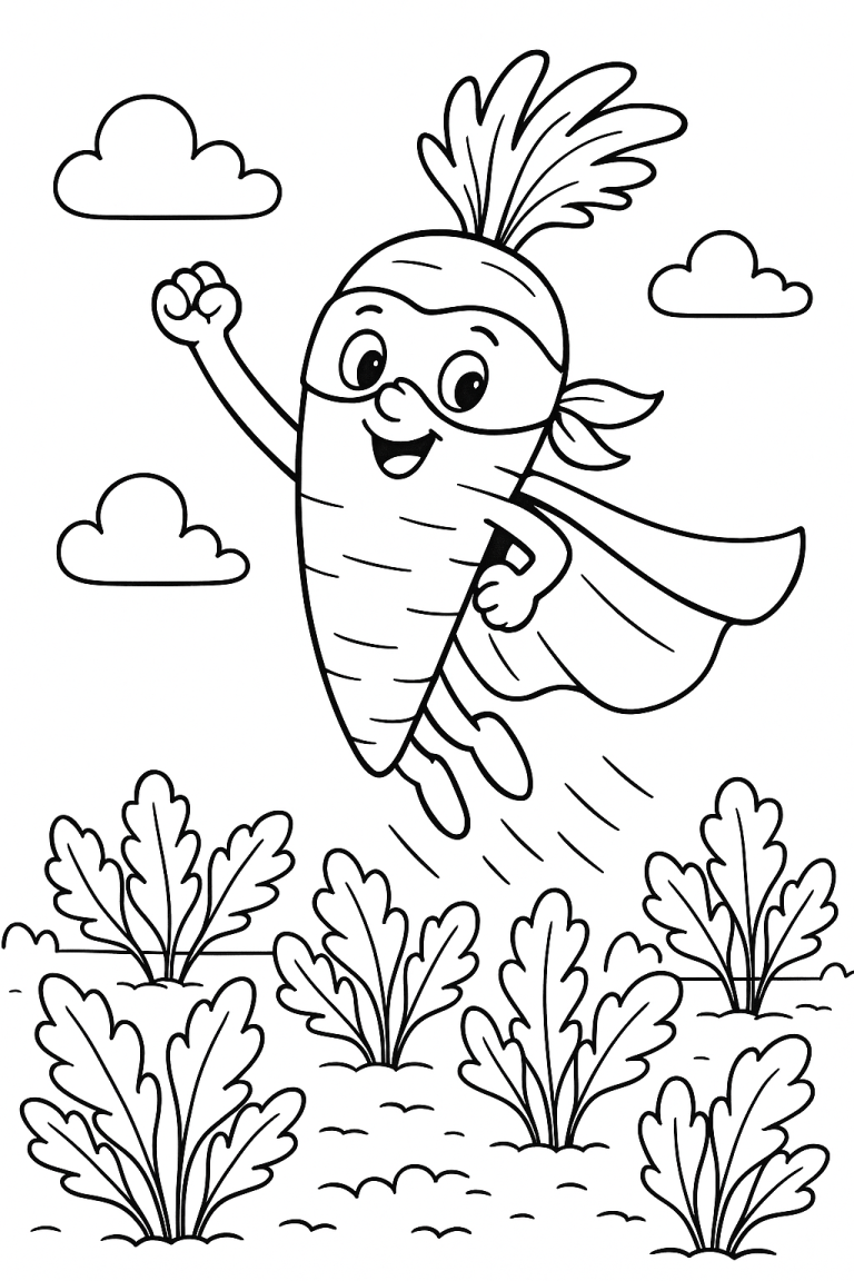 Superhero carrot flying above a garden in a coloring page