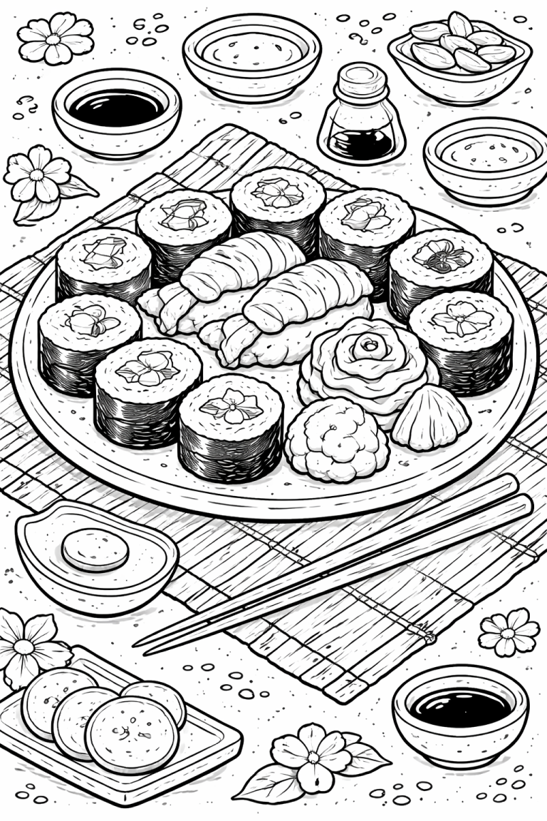 Sushi-themed children's coloring page