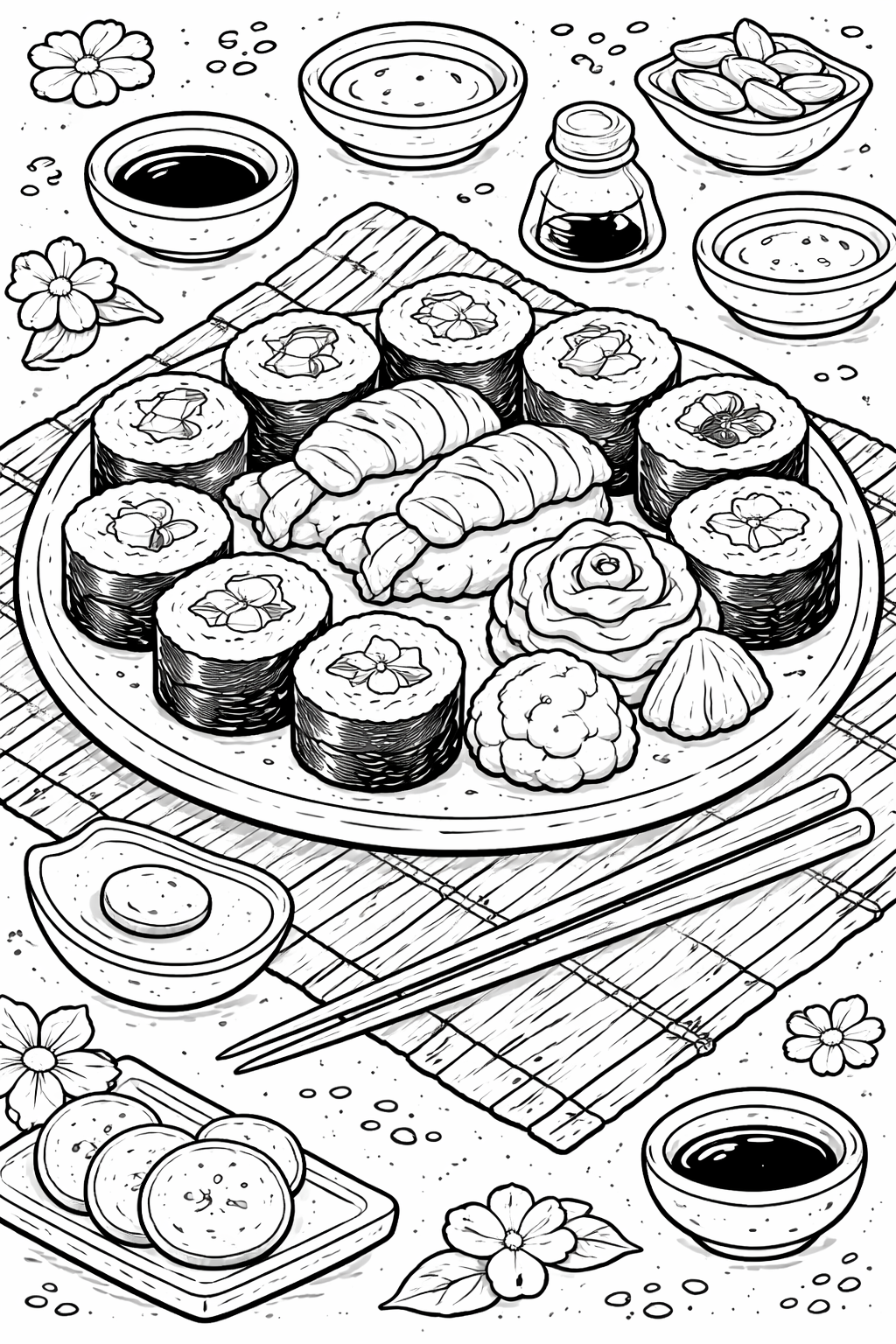 Sushi-themed children's coloring page