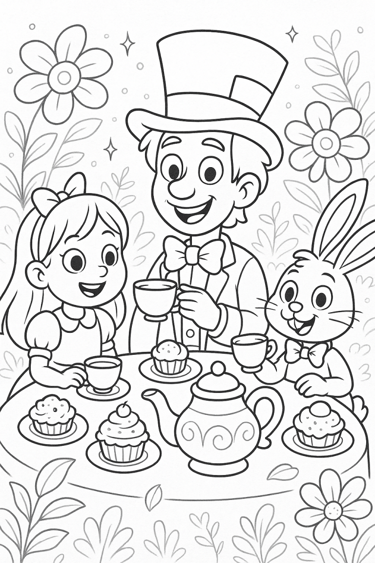 Children's tea party coloring page with whimsical characters.