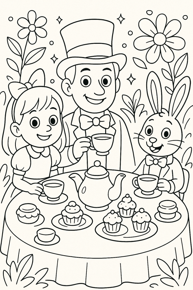 Coloring page of a girl, gentleman, and rabbit at a tea party