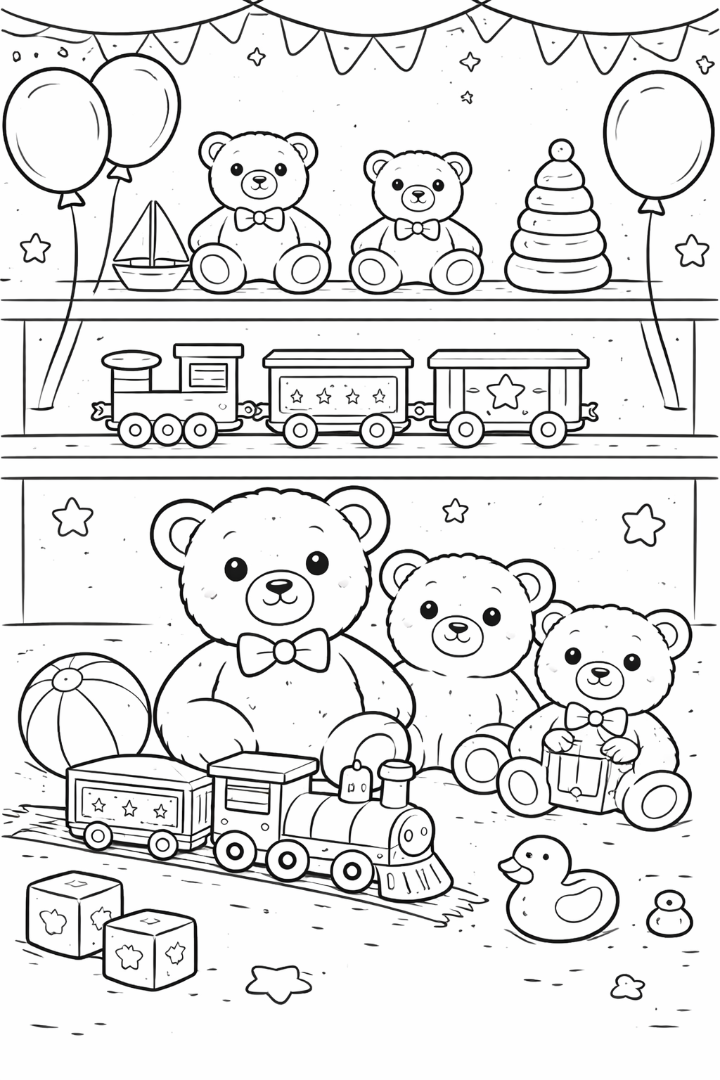 Teddy bears and toys party coloring page