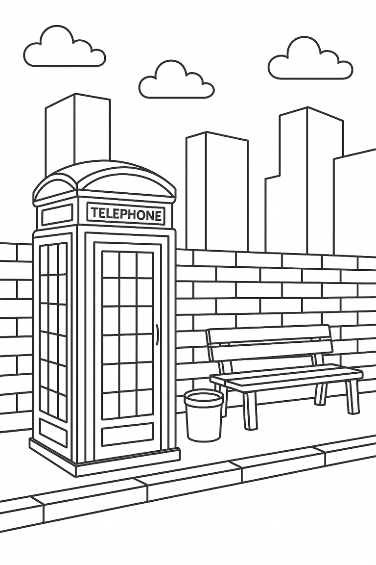 Coloring page of a telephone booth with a bench and buildings in the background
