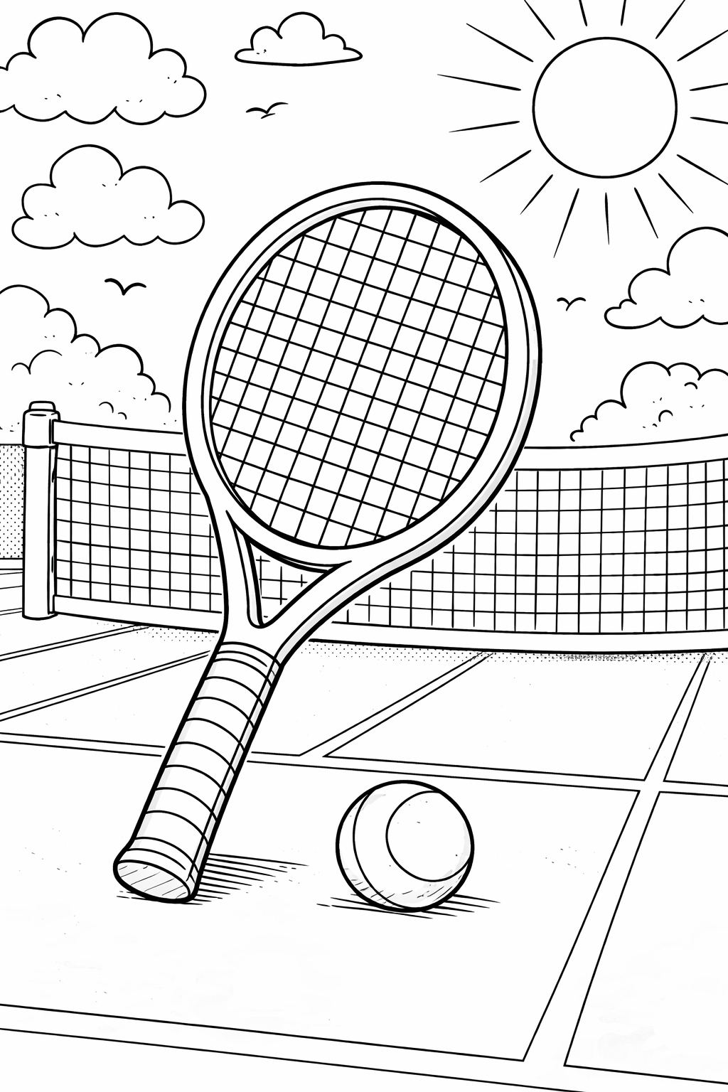 Coloring page featuring a tennis racket and ball on a court.