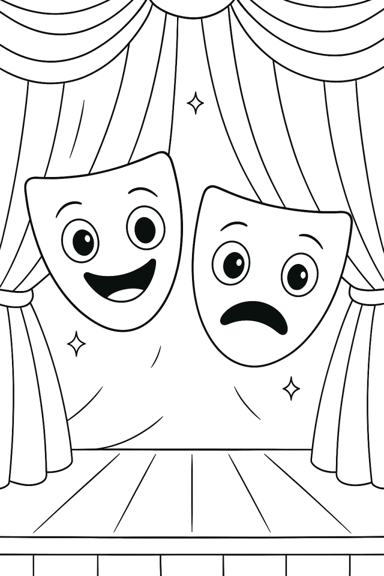 Coloring page of theater masks on a stage