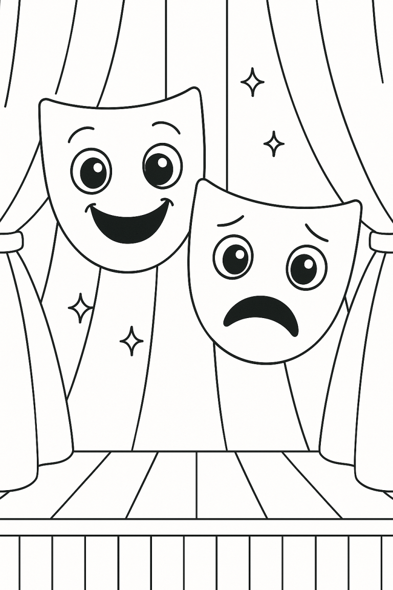 Line drawing of happy and sad theatre masks.