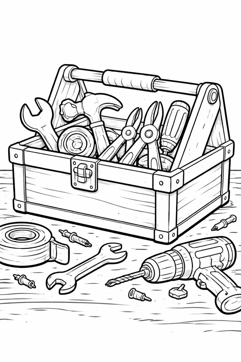 Black-and-white coloring page featuring a toolbox with various tools.