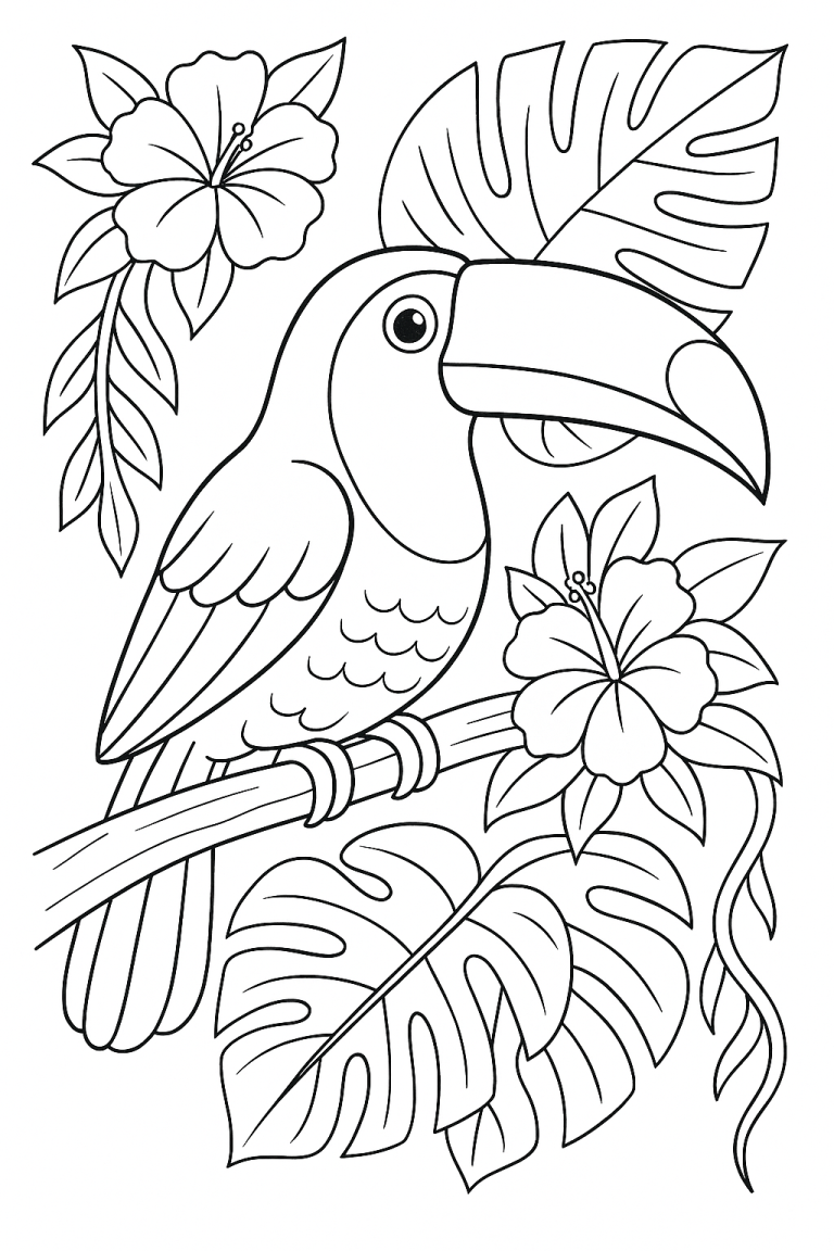 Toucan coloring page with tropical flowers