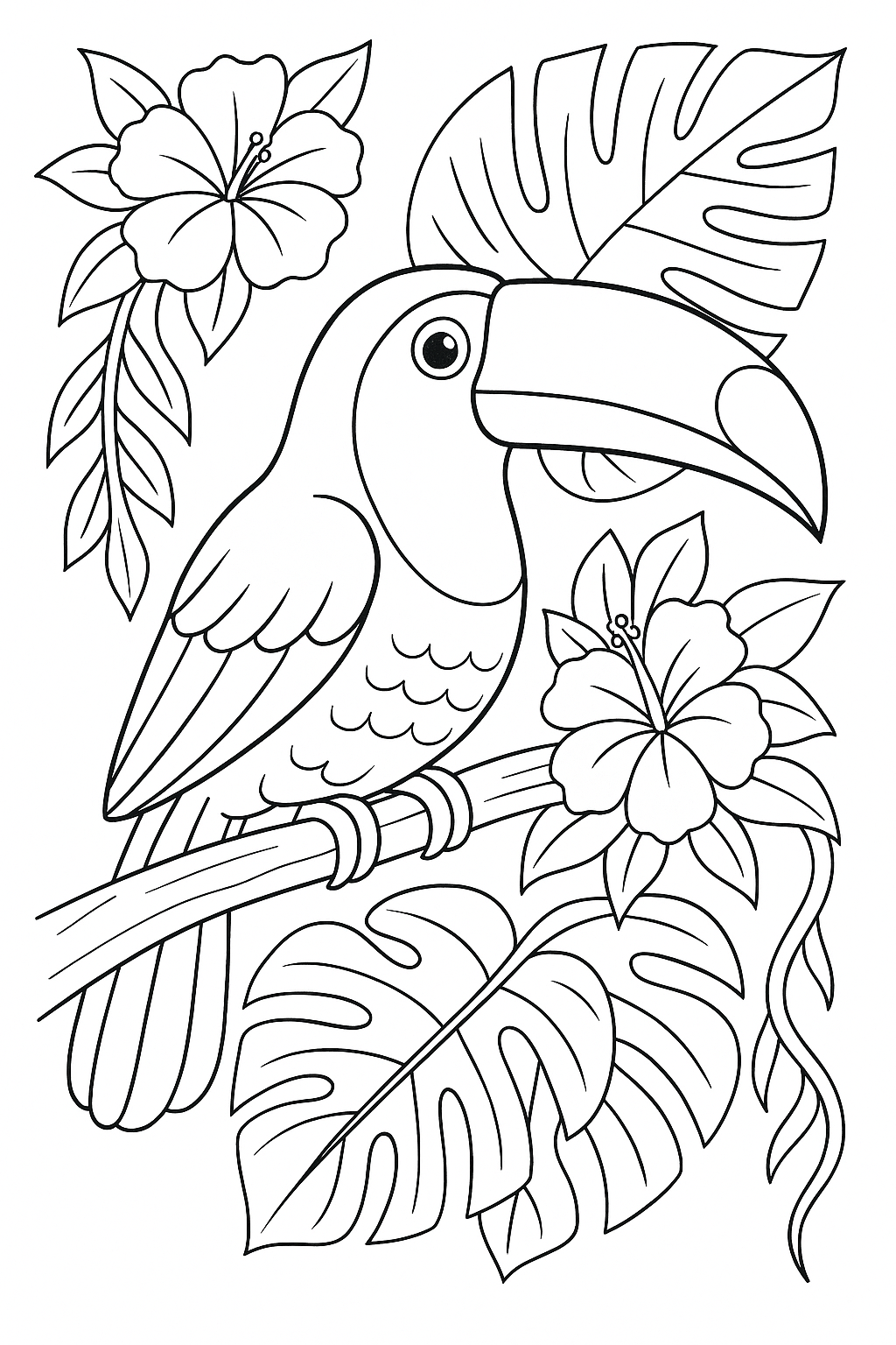 Toucan coloring page with tropical flowers