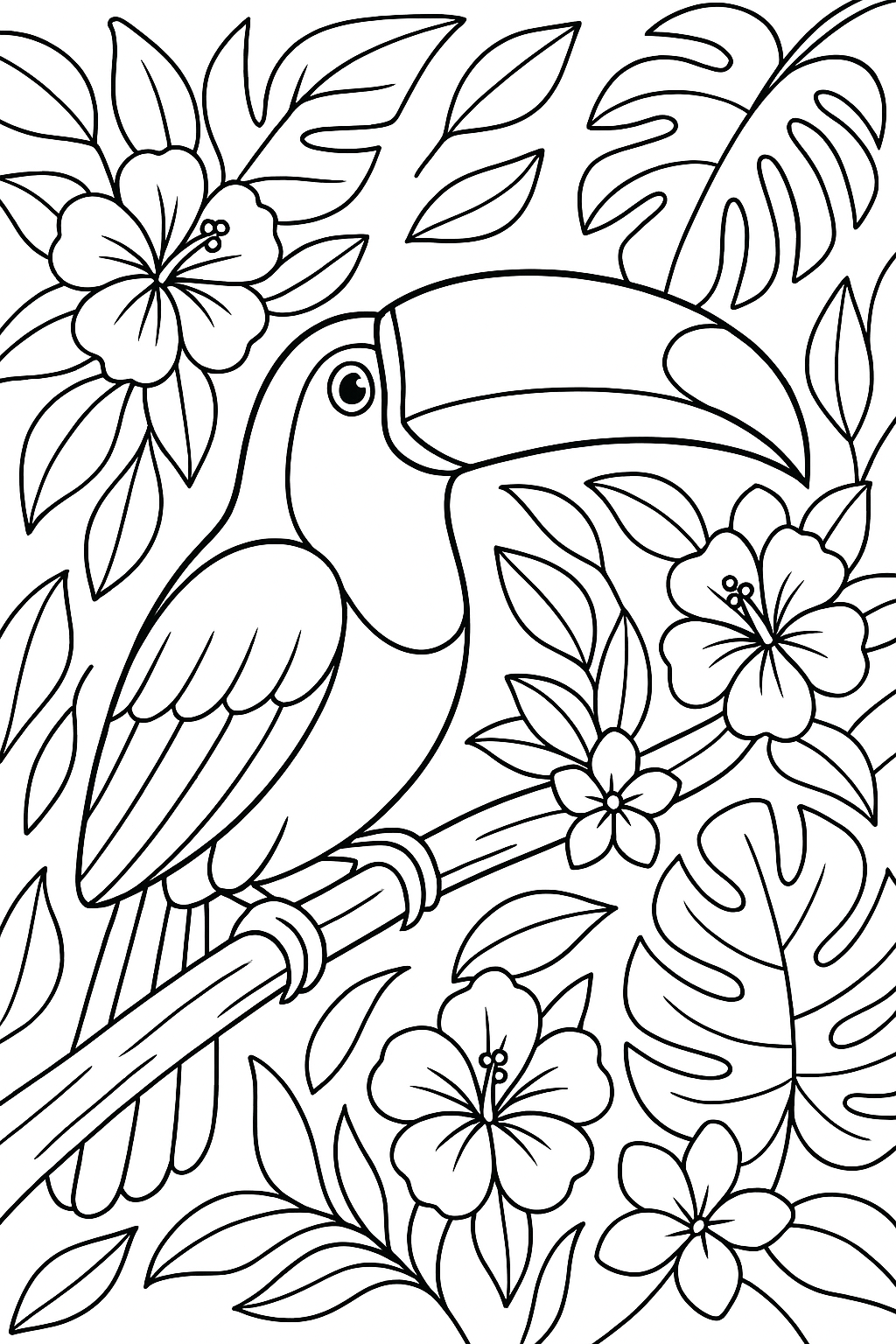 Toucan sitting on a branch with tropical flowers