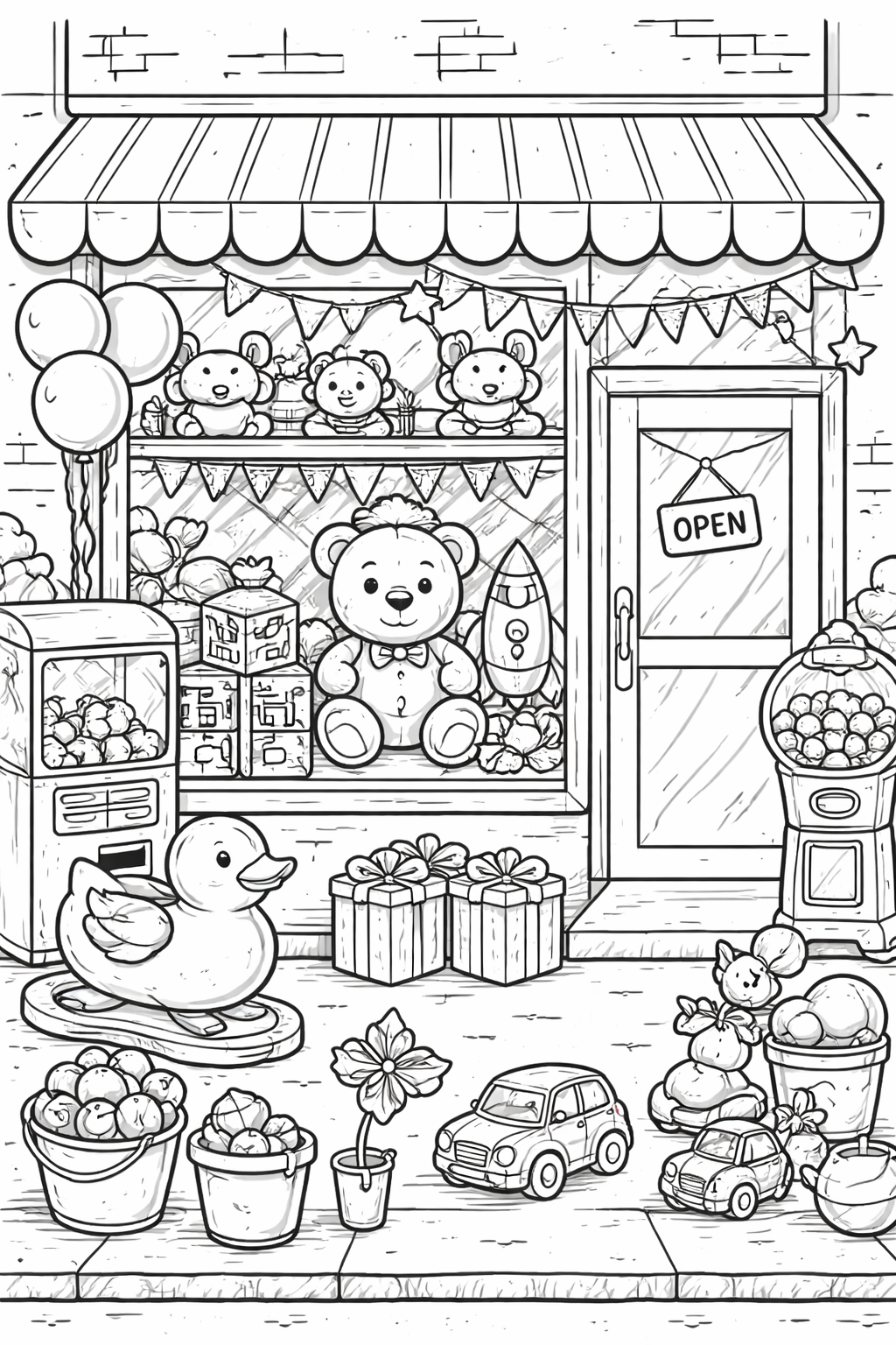 Toy store with teddy bears and toys on a coloring page