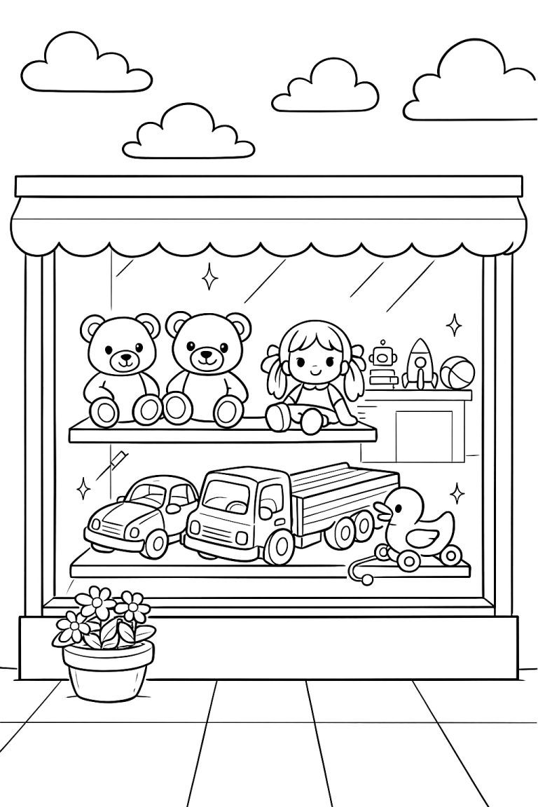 Toy store window with dolls and teddy bears coloring page