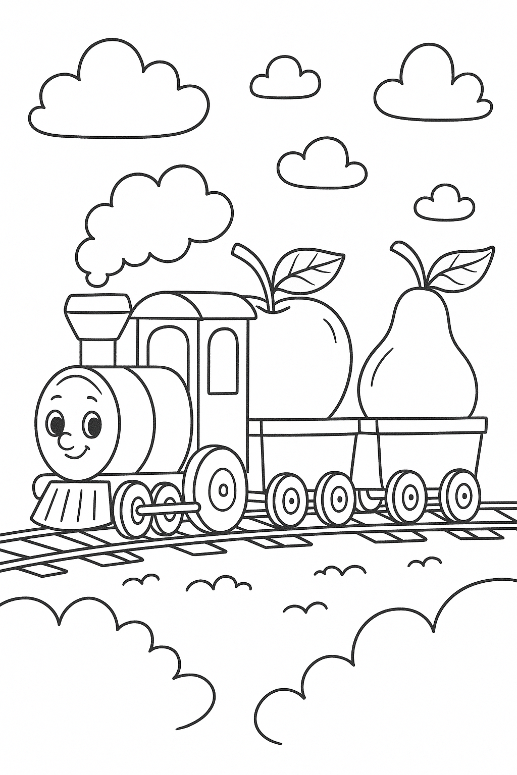 Train coloring page with fruits for kids