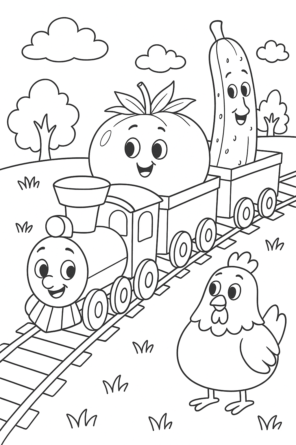Train with smiling vegetables and a chicken