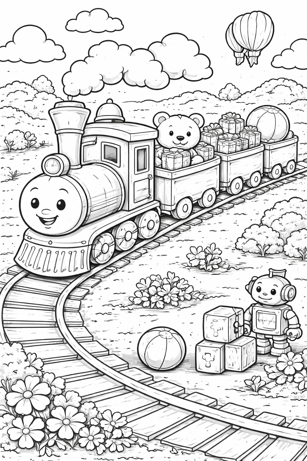 Train coloring page with smiling characters