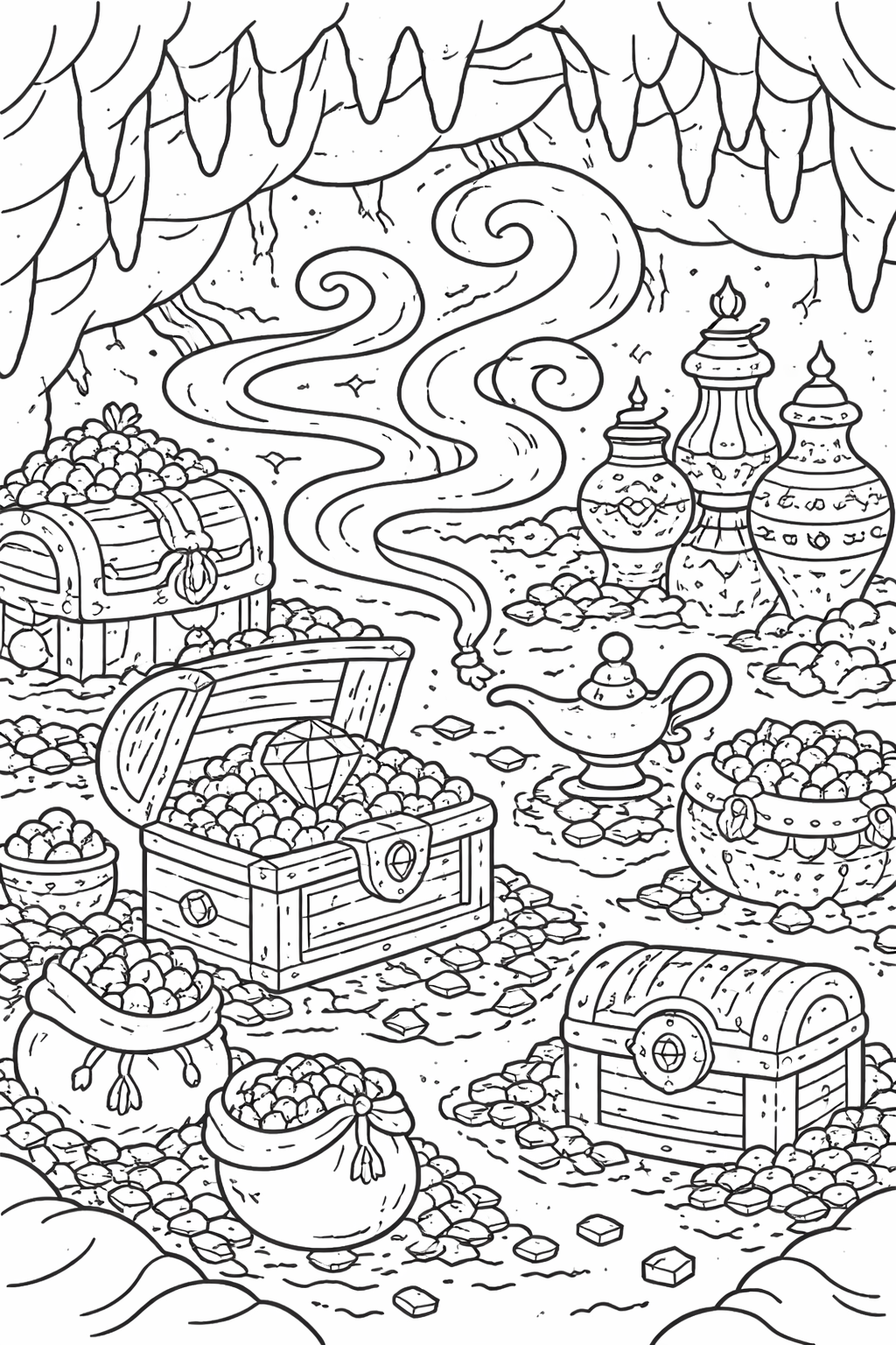 A mystical treasure cave with chests and lamps