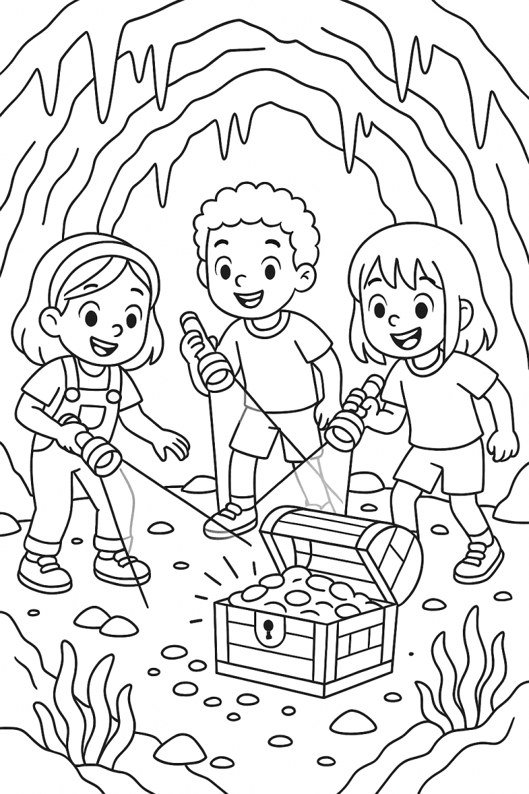 Children discovering treasure in a cave coloring page