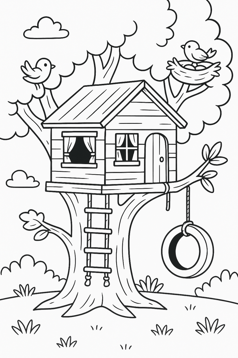 Tree house with birds in a coloring page