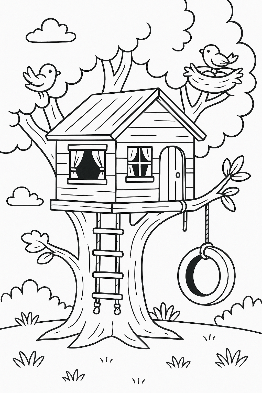 Tree house with birds in a coloring page
