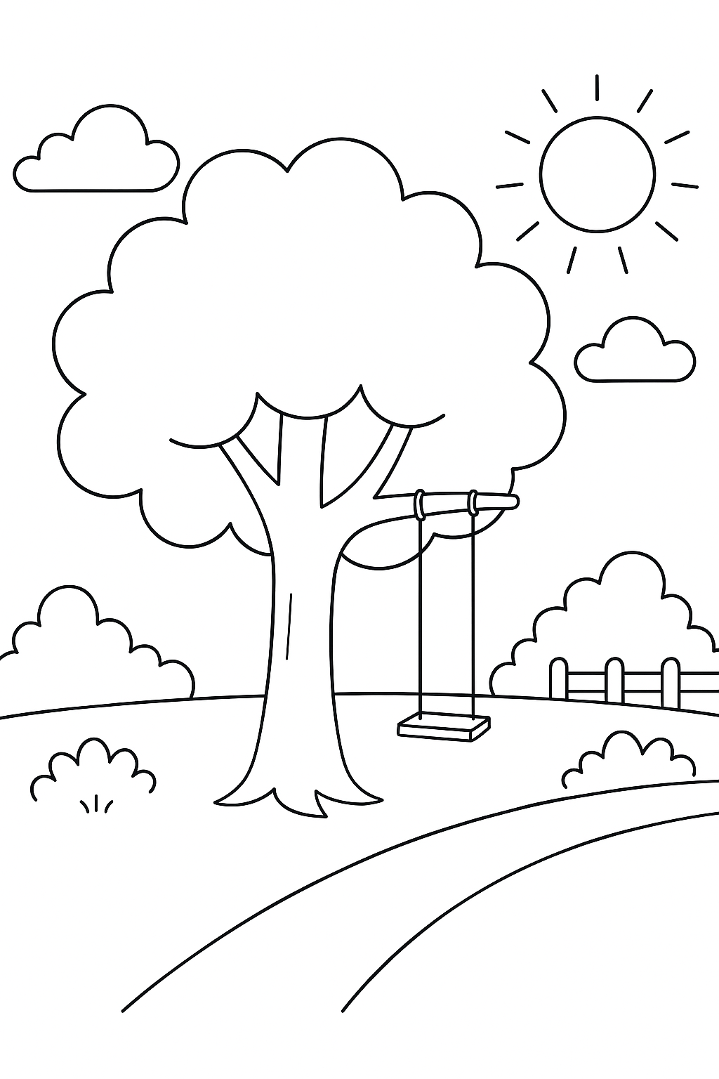 Coloring page with a tree swing in a sunny park