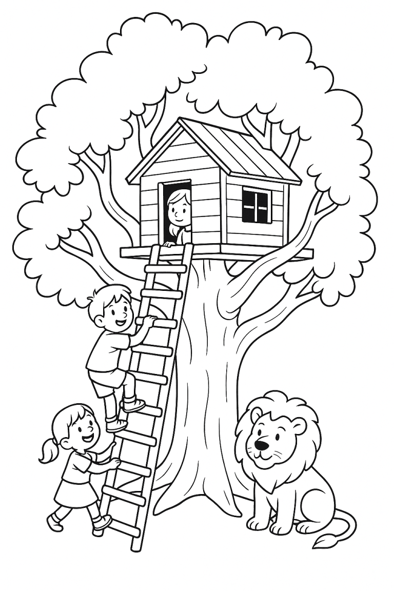 Treehouse with children and lion coloring page