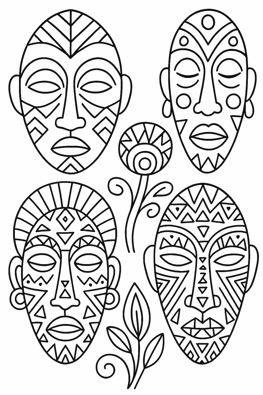 Line drawing of four tribal masks with patterns