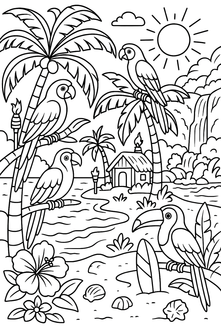 Coloring page with tropical birds on palm trees