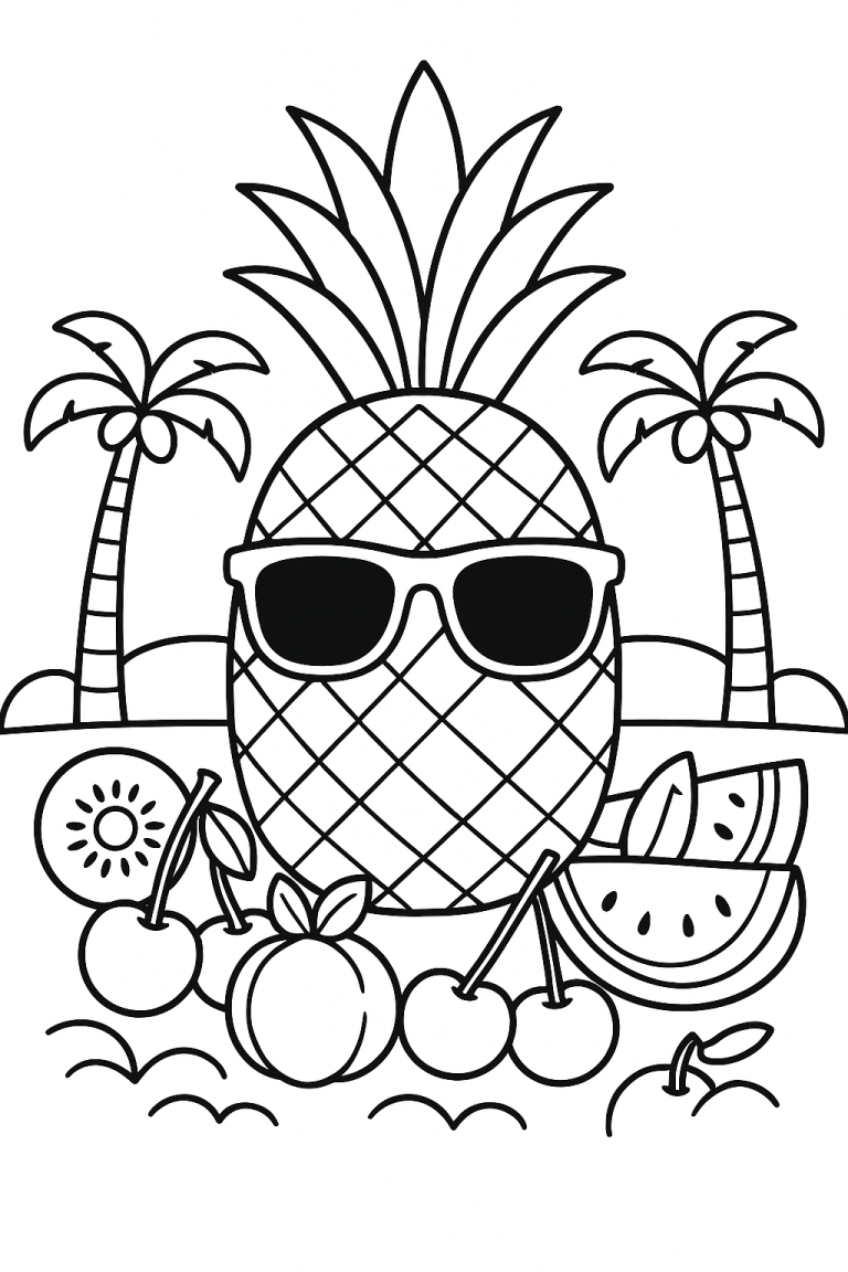 Coloring page with pineapple and tropical fruits