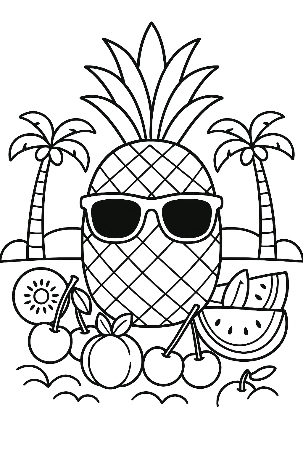 Coloring page with pineapple and tropical fruits
