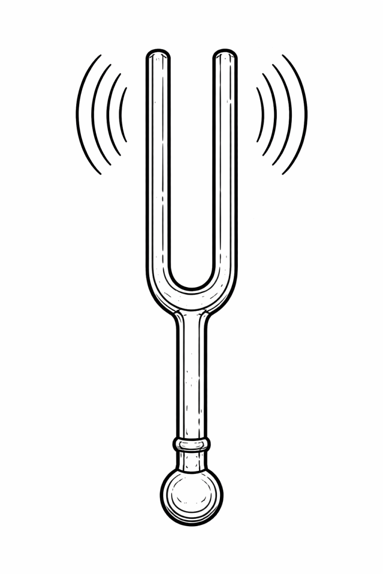 Tuning fork coloring page with sound waves.