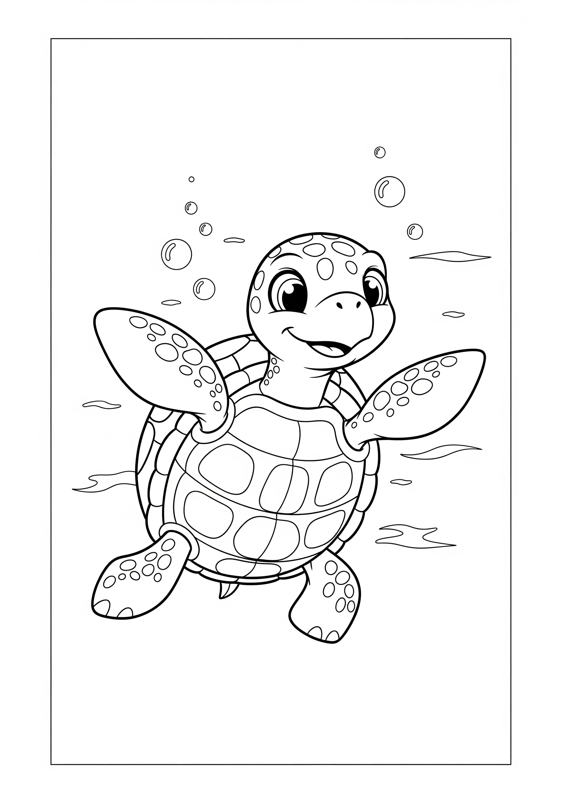 Smiling turtle swimming underwater on a coloring page.