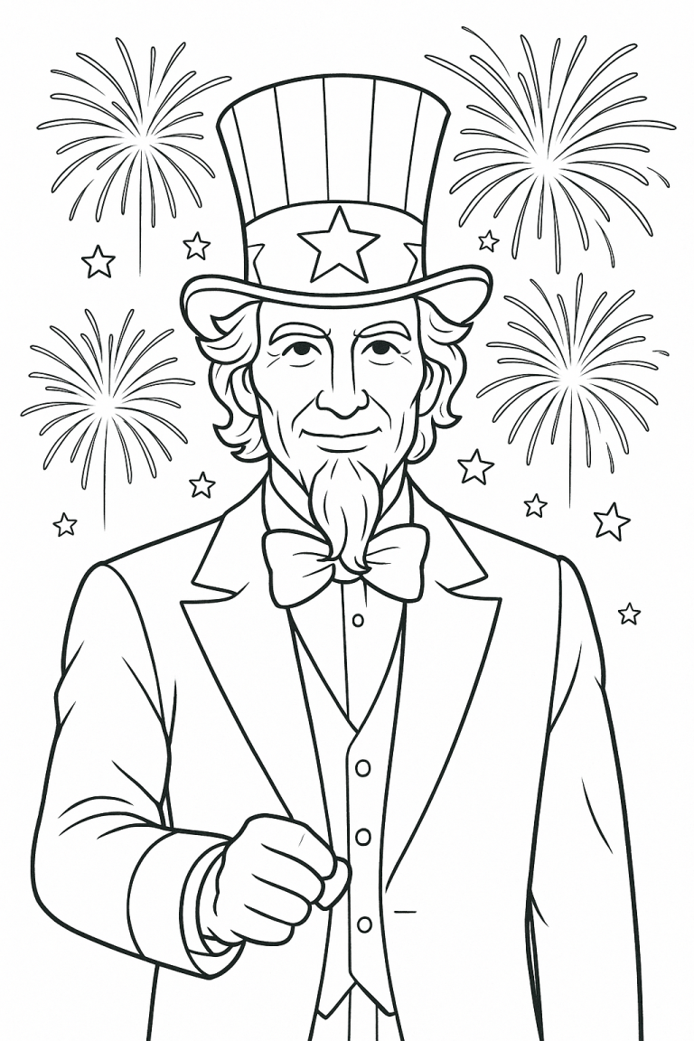 Uncle Sam coloring page with fireworks