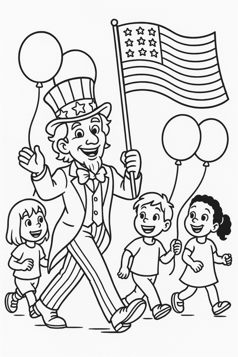 Uncle Sam with kids and American flag coloring page