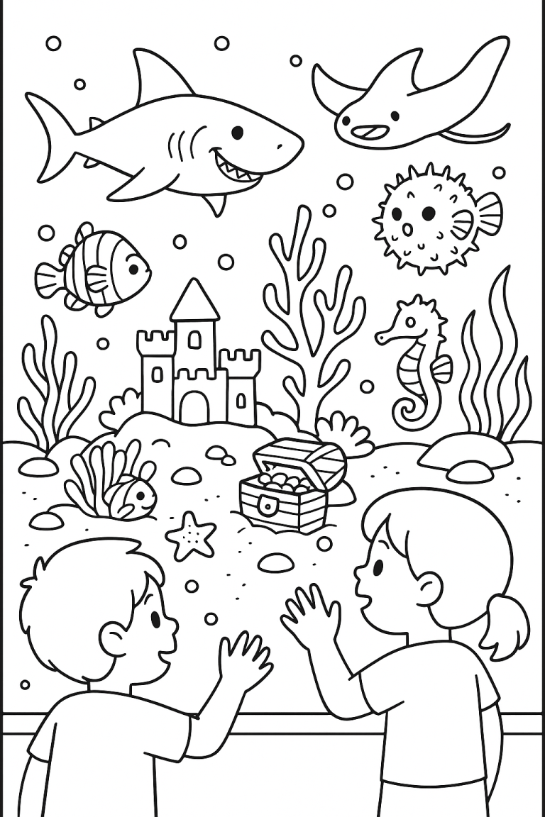 Kids watching sea creatures like sharks and fish in an underwater scene