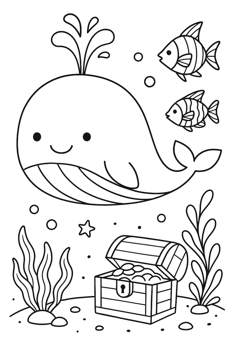Whale and fish with treasure chest coloring page