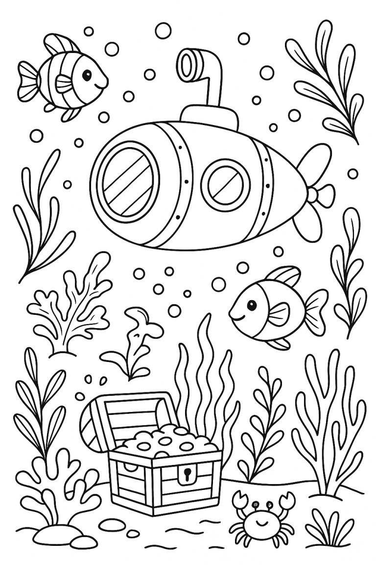 Children's underwater adventure coloring page with submarine and fish