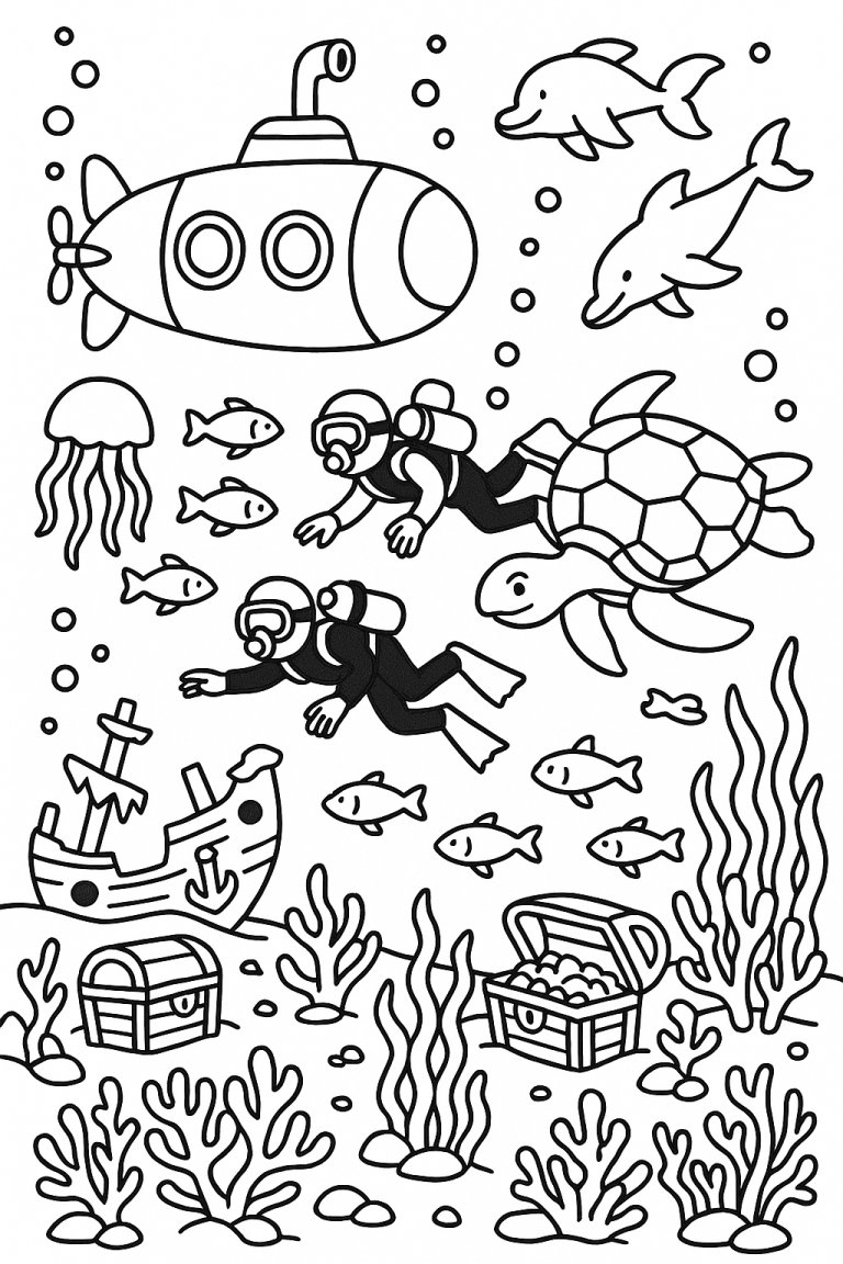 Underwater adventure coloring page with submarines and divers