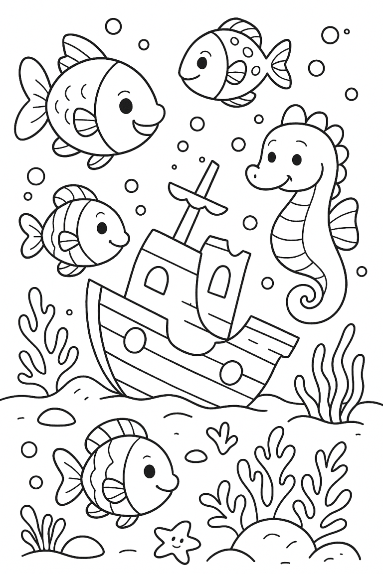 Underwater scene with fish, seahorse, and sunken ship