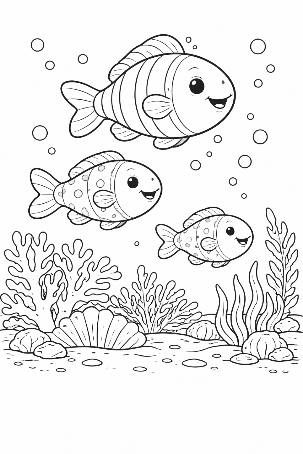 Underwater scene with three smiling fish and coral