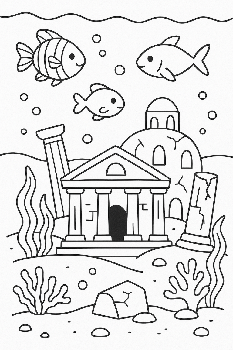 Underwater scene with fish and ancient ruins for coloring