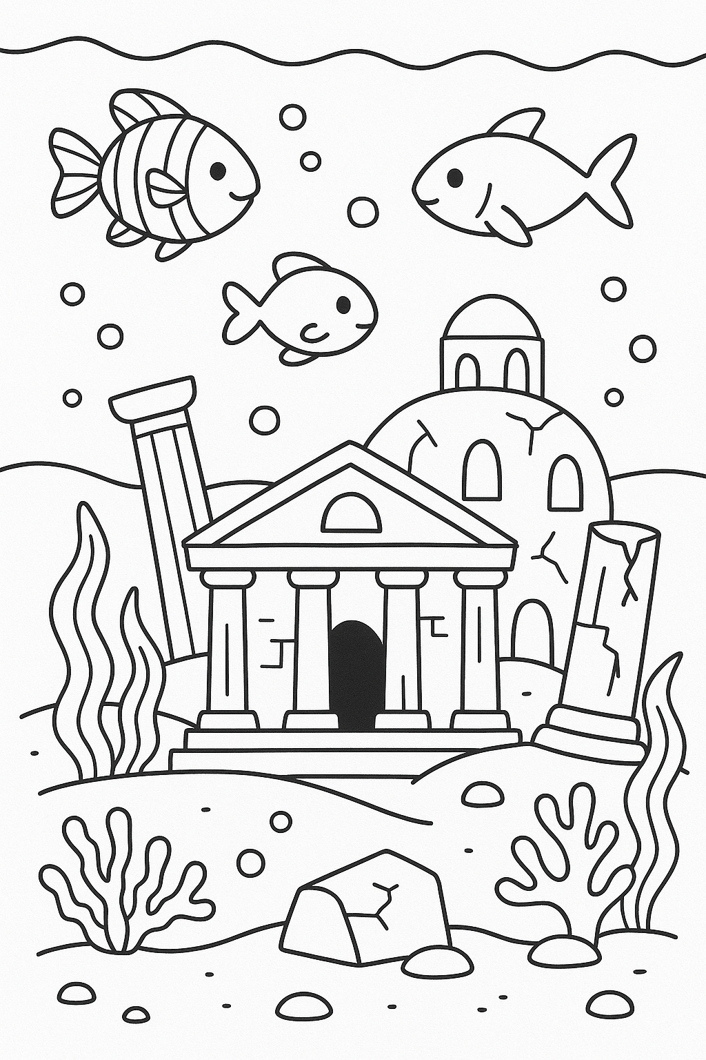 Underwater scene with fish and ancient ruins for coloring